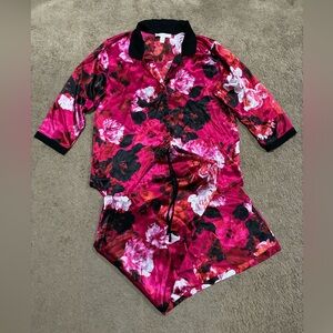 Oscar De La Renta Pink Label Floral Winter Roses 2 Piece Satin Pajama Set Size M